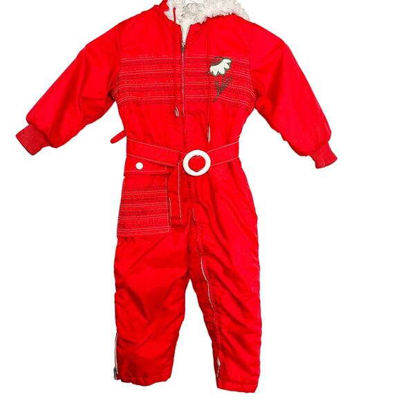 Sears Vintage Winter Snowsuit Red with Flower Sherpa Hood Kids Snow Pants - Picture 1 of 6